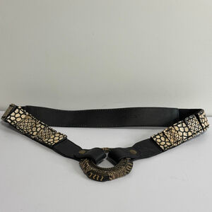 Vintage Chico's 79984 Tooled Leather Safari Animal Print Elastic/Brass Belt M 34